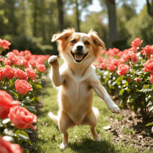 a dog is jumping in the air in front of a field of flowers