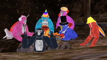 a group of gorillas are gathered around a fire wearing party hats and top hats