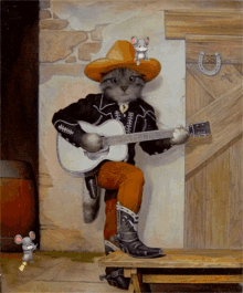 a painting of a cat playing a guitar with a mouse on his hat