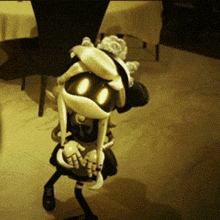 a black and white photo of a cartoon character in a maid outfit