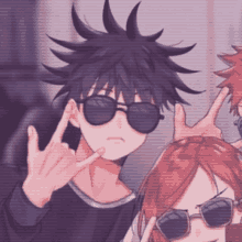 a group of anime characters wearing sunglasses and making a peace sign .