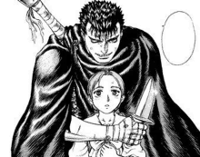 a black and white drawing of a man holding a knife and a woman holding a sword .