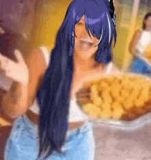 a woman with long blue hair is holding a plate of food in her hand .