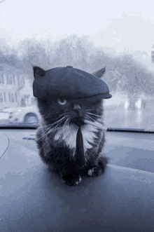 a black and white cat wearing a hat and tie sits on the dashboard of a car