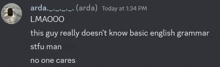 a screenshot of a discord conversation between arda and lmaoo