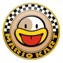 a mario kart logo with a smiley face in the center