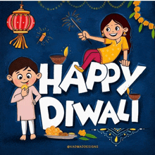 a happy diwali greeting card with a boy and girl