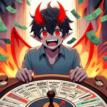 a cartoon of a devil playing a game of monopoly with money flying around him