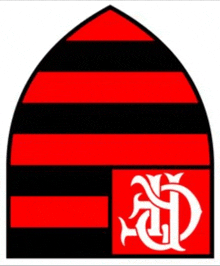 a red and black striped shield with a white letter d