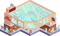 a pixel art illustration of an age store with a sign that says big boom