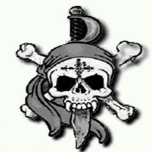 a black and white drawing of a pirate skull with a knife sticking out of it .