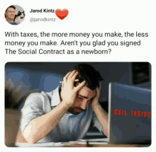 a man sitting at a desk with his hands on his head in front of a laptop with a tweet from jarod kintz
