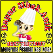 a logo for dapur mbak anik shows a girl wearing a chef 's hat and apron