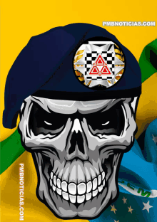 a picture of a skull with a badge that says ' pmbnoticias.com ' on it