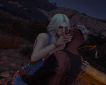 a man and a woman are kissing in a video game scene