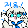 a cartoon girl wearing glasses and a blue scarf is giving a peace sign .