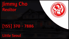 a jimmy cho realtor business card with a picture of a house in the background