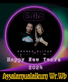 a happy new year 's greeting card with a man and a woman