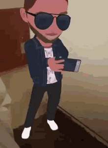 a cartoon of a man wearing sunglasses and holding a phone