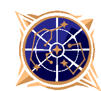 a blue and gold compass with a starry sky in the center