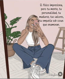 a drawing of a woman taking a selfie with a quote in the background