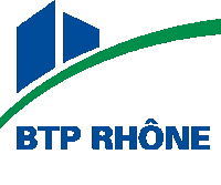 a logo for btp rhone with a blue building