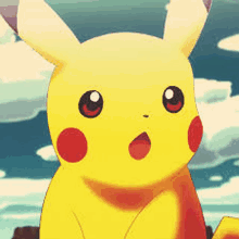 a pikachu with a surprised look on his face is sitting on a rock .