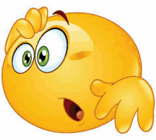 a cartoon smiley face with green eyes and a surprised look on his face is scratching his head .