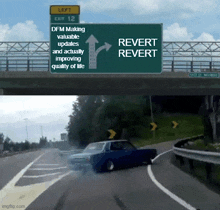 a car is driving down a highway next to a sign that says left exit 12