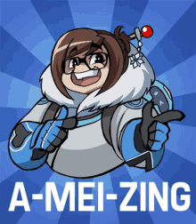 a cartoon drawing of mei giving a thumbs up and the words a-mei-zing below her