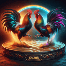 two colorful roosters standing next to each other with a sv388 sign