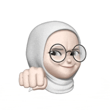 a cartoon woman wearing a white hijab and glasses is pointing her fist .