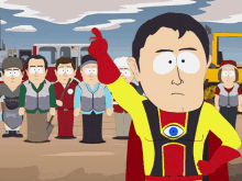 a cartoon of a man in a red and yellow superhero costume pointing up