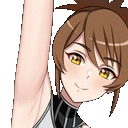 a cartoon girl with brown hair and yellow eyes is smiling with her arm up .