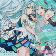 a picture of hatsune miku with genshin impact in the background