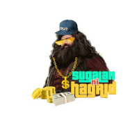 a sticker of a bearded man with a stack of money and the words sugaran ni hagrid on it