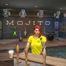 a woman in a yellow shirt is standing in front of a sign that says mojito