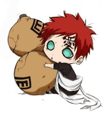 a chibi drawing of a person with red hair holding a bag