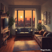 a living room with a couch and a tv and the words magicstudio on the bottom left