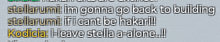 a screenshot of a text message that says stellarumi im gonna go back to building