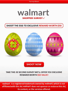 an advertisement for walmart shopper survey with three colorful easter eggs