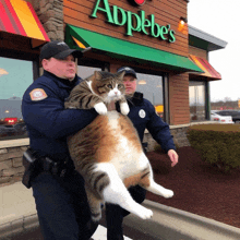 two police officers carrying a cat in front of an applebee 's restaurant