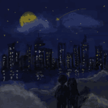 a painting of a city at night with a full moon