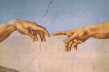 a close up of a painting of two hands touching each other