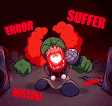 a cartoon drawing of a clown with the words error suffer and mistake surrounding him