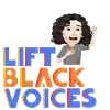 a woman with curly hair is standing in front of the words lift black voices .