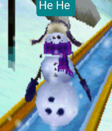 a snowman wearing a purple scarf and hat is on a slide with a sign that says " he he "