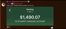 a screenshot of a td student chequing account with $ 1,490.07