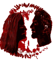 a silhouette of a man and a woman with a circle of blood behind them