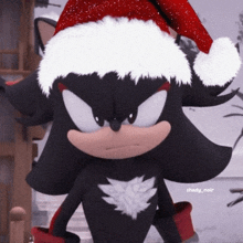 shadow the hedgehog wearing a santa hat with shady noir written below it